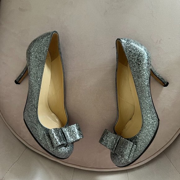 kate spade Krysta silver pewter metallic bow heels pumps shoes size 6.5 - Picture 13 of 15